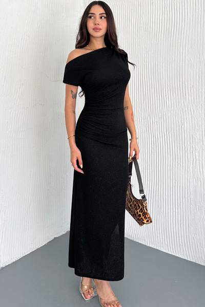 Vionne Shining Asimetrik Omuz Yırtmaçlı Simli Elbise