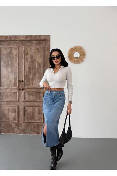 XBELLA DENİM Dámská midi džínová sukně s detailem předního rozparku