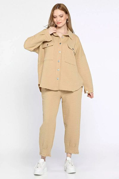 GÜLSELİ K.Beige Women's Double Pocket Snap Fastener Quilted Shirt Pants Set of Two