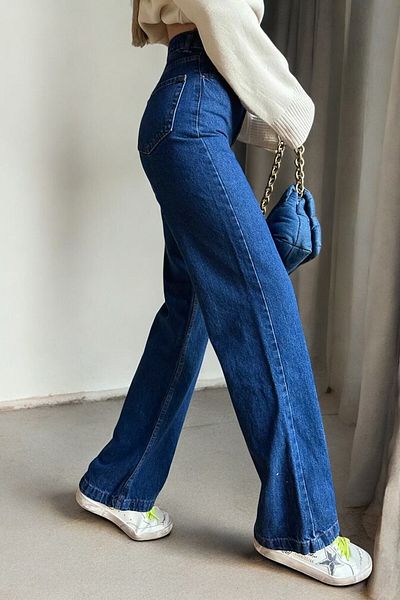 byhaziran butik Zephiyra Women's Dark Blue Extra High Waist Stretchy Loose Wide Leg Jeans