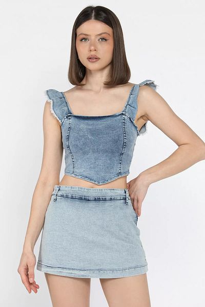 GÜLSELİ Bluză crop top din denim cu fermoar pe spate cu volane pentru femei albastre