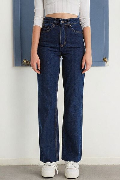 byhaziran butik Lotte Young Girl Dark Blue High Waist Lycra 5 Pockets 90's Wide Leg Jeans