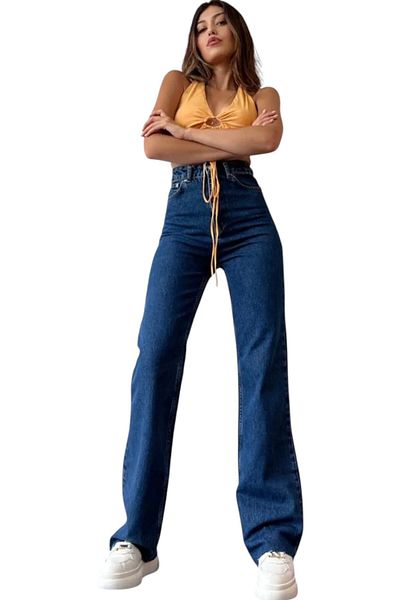byhaziran butik Fia Young Girl Dark Blue High Waist Elastane Blended Unlined Loose Leg Jeans