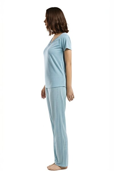 Pierre Cardin Kadın Mavi Kısa Kol Cep Detaylı V Dantelli Yaka Ev Giyim Takımı VR.PC.K89.t98.Y15