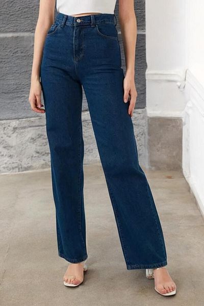 byhaziran butik Deuts Women's Dark Blue Extra High Waist Stretchy Loose 90's Wide Leg Jean
