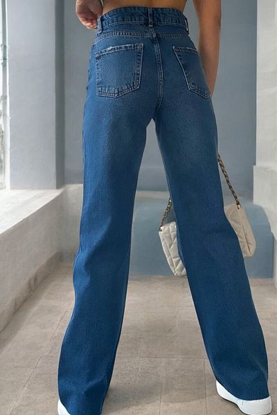byhaziran butik Thesally Women's Dark Blue Extra High Waist Stretchy Waist Comfortable 90's Loose Leg Jeans