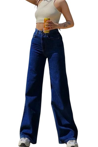 byhaziran butik Haile Women's Dark Blue Extra High Waist Stretchy Waist Pocket Detailed Loose Leg Jeans