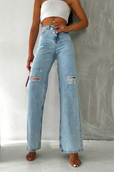 FashionForYou LIKE Different high-waisted mom fit jeans with wide cuts, Light...