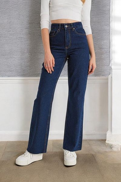 byhaziran butik Dia Pantaloni de denim cu talie înaltă, albastru închis, cu talie flexibilă, cu buzunar, cu picioare largi