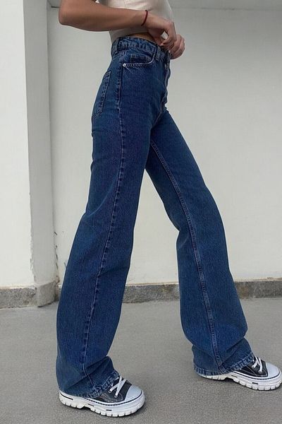 byhaziran butik Beunse Women's Dark Blue Extra High Waist Stretchy Denim Fabric Loose Leg Jean