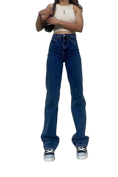 byhaziran butik Orgia Women's Dark Blue Extra High Waist Stretchy Loose 90's Loose Leg Jeans