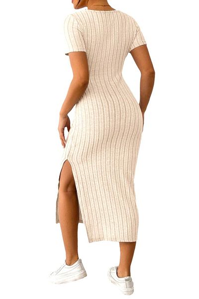 FashionForYou Rochie casual Feel Knit Aliza, cu crăpătură laterală și mâneci scurte, crem, M/L