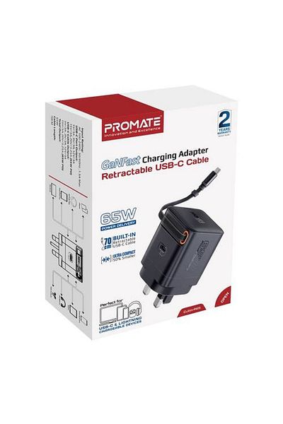 Promate 65W GaN Super Fast Charger with Retractable USB-C Cable, USB-C Power Delivery Port,