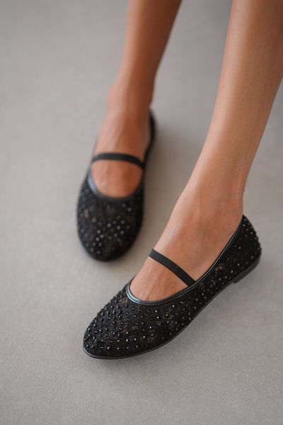 selinshoes Flare Glitter Stone and Tulle Detailed Over-The-Ankle Elastic Women's Ballerinas - Black