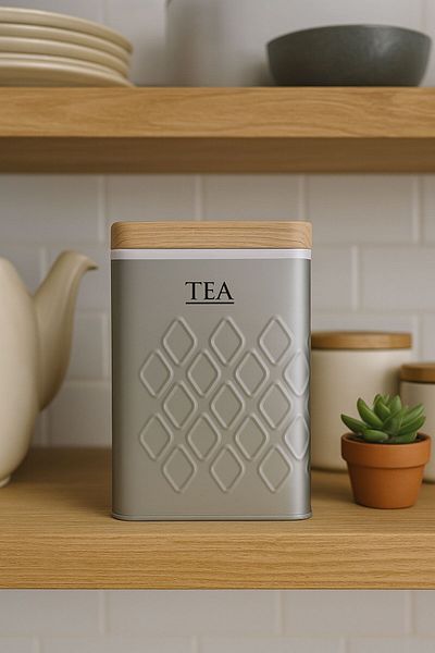 Arma House 1 Piece Seersucker Gray Tea Storage Box & Jar with Wooden Look Metal Lid 17*11*8 cm