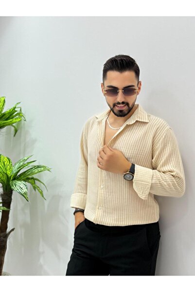 HA-KA GİYİM Erkek Çizgili Uzun Kol Yeni Sezon Old Money Gömlek Rahat Terletme yapmaz Yapmaz Keten Kumaş Pamuklu