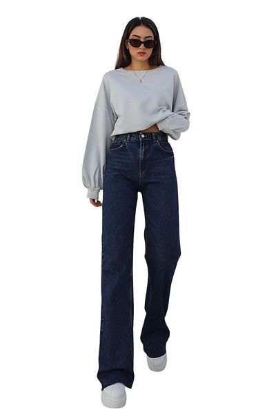 byhaziran butik Rasica Young Girl Dark Blue High Waist Elastane Blended Modern Wide Leg Jeans