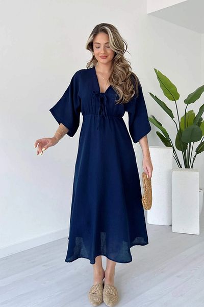 Sorridi Front Tie V-Neck Muslin Fabric Half Sleeve Dress