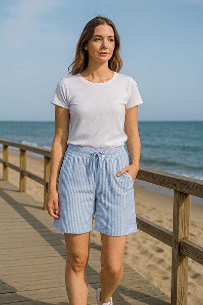 ECK MODA Pantaloni scurți cu șireturi pentru femei, cu detaliu de buzunar în dungi, cu talie elastică