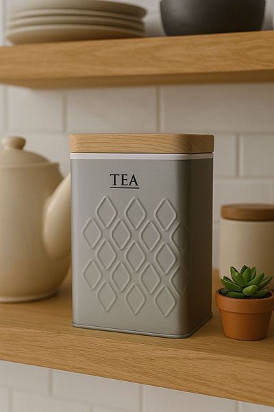 Arma House 1 Piece Seersucker Gray Tea Storage Box & Jar with Wooden Look Metal Lid 17*11*8 cm