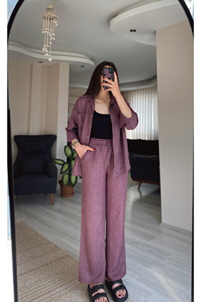 Hacer Balcı Palazzo Pantolon Gömlek Keten Takım