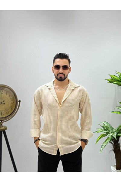 HA-KA GİYİM Erkek Çizgili Uzun Kol Yeni Sezon Old Money Gömlek Rahat Terletme yapmaz Yapmaz Keten Kumaş Pamuklu