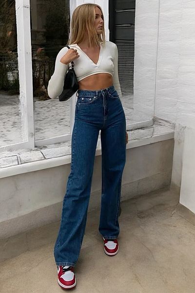 byhaziran butik Mily Young Girl Dark Blue High Waist Lycra Comfortable Wide Leg Jeans