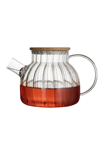 ATABY 1Lt Stove Can Be Placed Striped Glass Teapot with Bamboo Lid