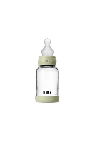 Bibs Complete set of anti-colic glass bottle with slow flow silicone nipple, 120 ml, Sage