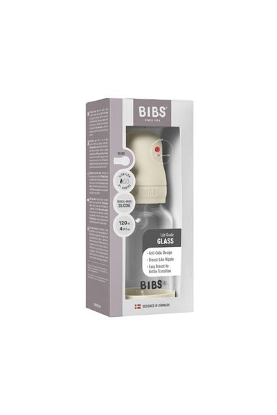 Bibs Complete set of anti-colic glass bottle with slow flow silicone teat, 120 ml, Ivory