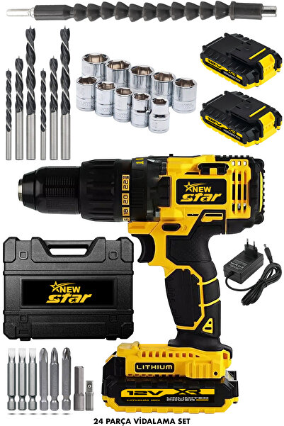 Newstar GÜÇLÜ DARBELİ 12v Metal Şanzıman Çift Akülü Bakır Sargı Şarjlı Matkap...