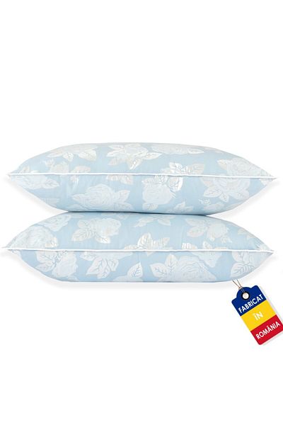 Pernador Set de 2 perne cu puf si pana de gasca, 50x70 cm, Albastru cu trandafiri argintii