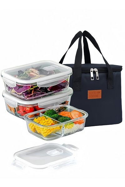 Browning 3 Pcs Large Capacity High Borosilicate Glass Lunch Boxes Bowls Sealed Crisper Boxes Insulation Bag