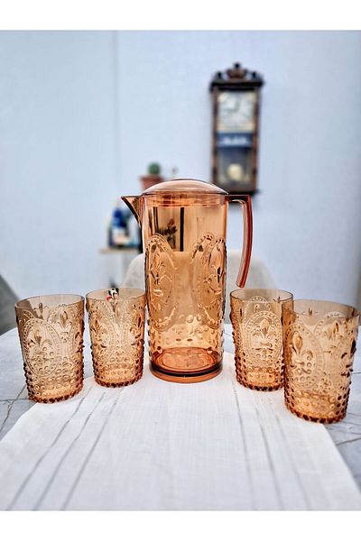 Avantaj Kapıda Acrylic 2.3 L Jug Set of 5 400 ml Glasses • Honey Caramel Water Soft Drink Set • Machine Washable