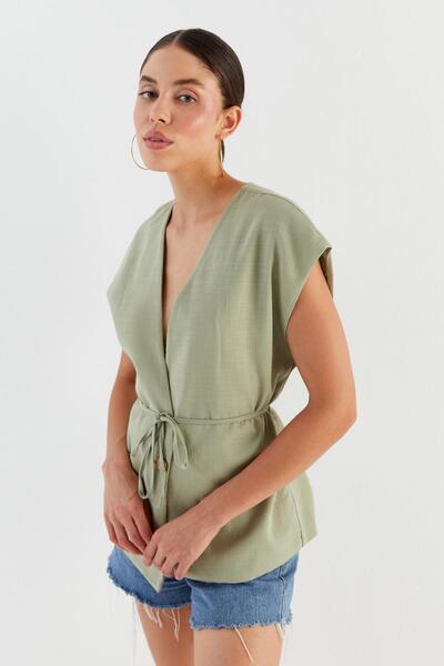 Shopping Shop Linen Vest Blouse with Tie Front Khaki