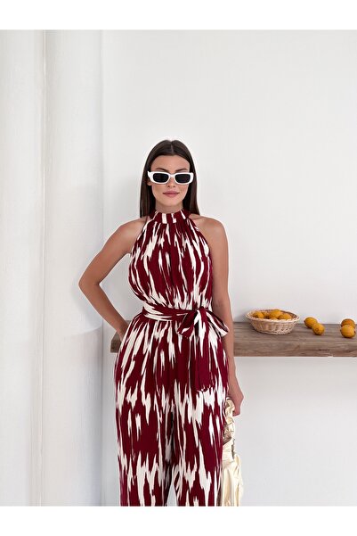 LE CARAMBOLE Women's Burgundy Patterned Halter Neckline Waist Belted Jumpsuit