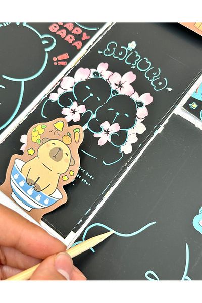 ZeCo Collection Kapibala Rainbow Character Magic Black Scratch Notebook 4 Sheets Scratch Painting Brown