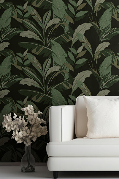 dreamwall Koyu Yeşil Tropikal Yaprak Desenli Duvar Kağıdı