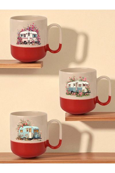 lili hediyelik Rose and Caravan Printed Red Bottomed 3-Piece Mug - Home Kitchen Office Workplace Gift Item