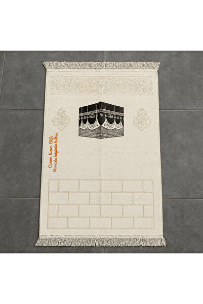 Tesbihane Kişiye Özel Nakış İşlemeli Kabe Motifli Özel Saçaklı Beyaz Renk Hediyelik Seccade