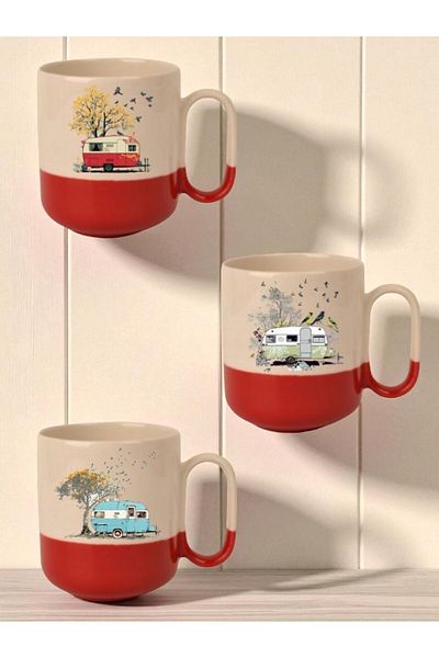 lili hediyelik Bird and Caravan Printed Red Base 3-Piece Mug - Home Kitchen Office Workplace Gift Item