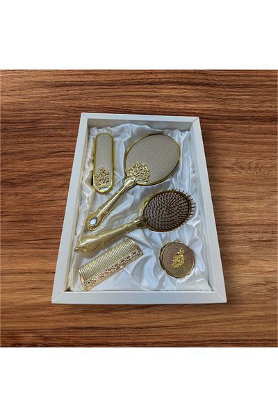 AMOR 5 Piece Real Comb Mirror Comb Set Tree of Life (Gold)