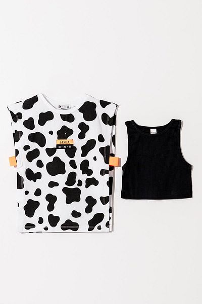 Magu Girl's Cotton Black and White Patterned Oversize T-Shirt and Black Ribbed Undershirt Two-Piece Set