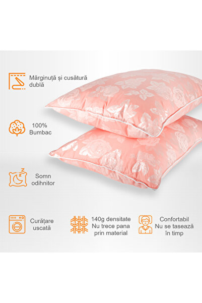 Pernador Set de 2 perne cu puf si pana de gasca, 50x70 cm, Roz cu trandafiri argintii