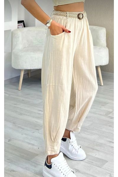 Rosidam Leg Clamp Detailed Elastic Waist Belted Linen Trousers
