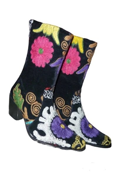 Anatolia Cizme scurte Melissa, piele si catifea brodata cu matase, Negru, 37