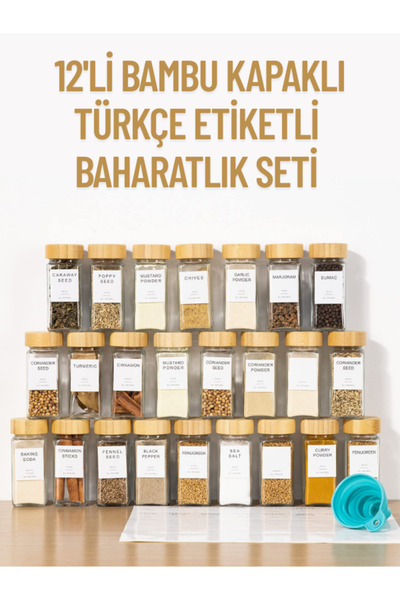 GreenArt 12’li Bambu Kapaklı Kare Cam Baharatlık Takımı Baharatlık Seti - 12 ...