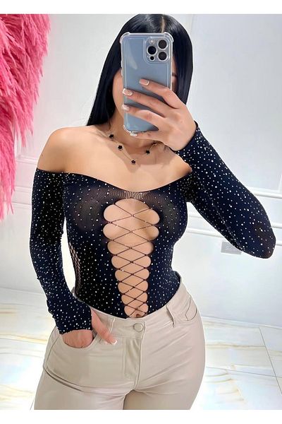 Qvien Secret Γυναικείο Μαύρο Φανταστικό Πέτρινο Babydoll Τούλι Μακρυμάνικο Διαφανές Φανταχτερό Φορμάκι