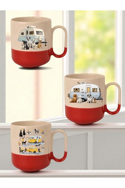 lili hediyelik Dogs and Caravan Printed Red Base 3-Piece Mug - Home Kitchen Office Workplace Gift Item