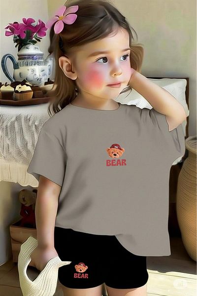 NO 601 Girl's Gray Bear Printed Tshirt Shorts Bottom-Top Set 5-6 / 11-12 Years Old